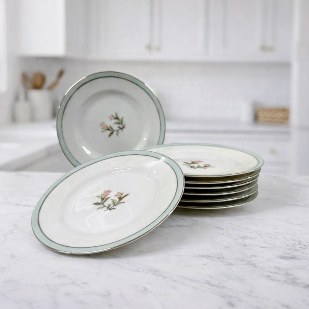 Jyoto Fine China Clare 8037 Bread Plates 6 1/4” Japan Green Rim MCM Discontinued